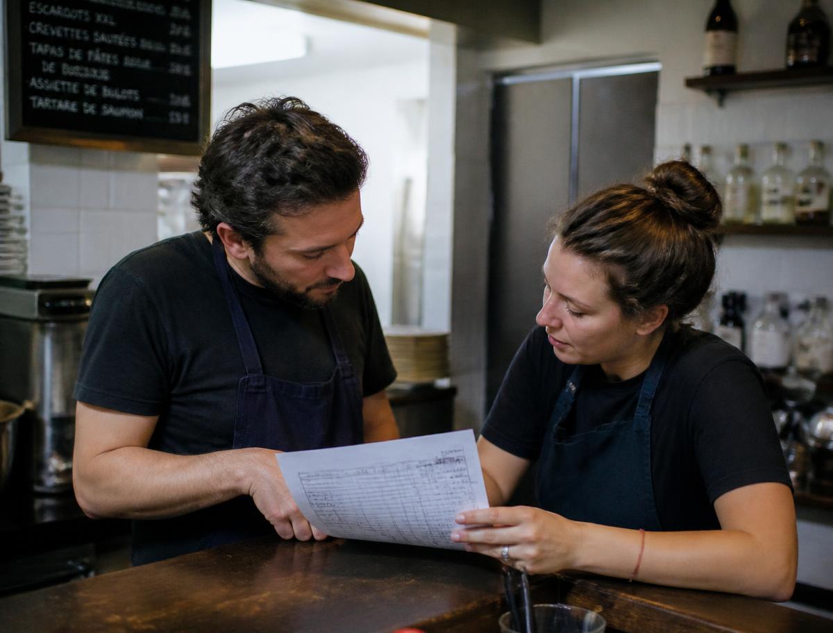 Deux responsables de salle relisant un planning papier au comptoir